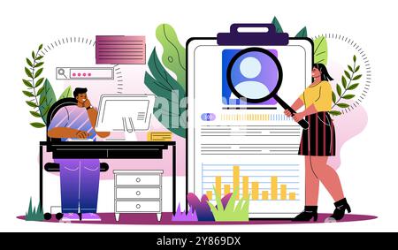 People with recruiting. Man and woman with magnifying glass analyze job candidates. HR managers at workplace. Corporate workers. Hiring in company and Stock Vector