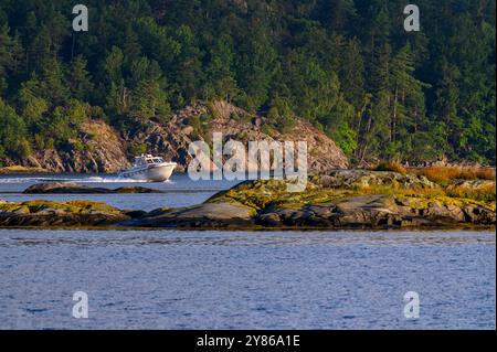 A taxi boat speeds across the water among islands, islets and skerries in the Kragerø archipelago in Telemark county, Norway. Stock Photo