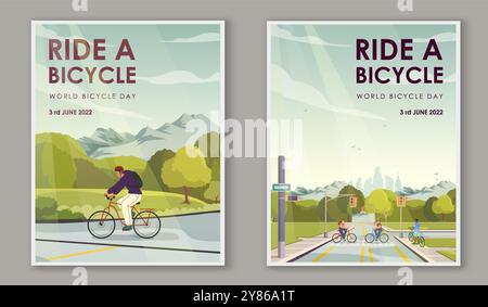 World bicycle day posters set. Ciclysts at city streets. Walk in city park and streets. Active lifestyle and environmentally friendly transport. Flat Stock Vector