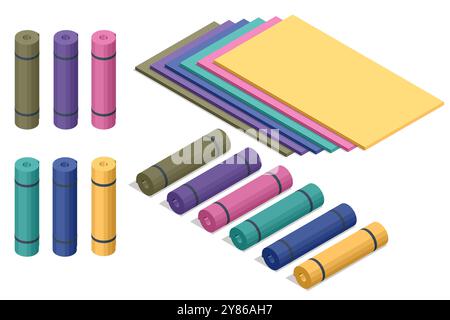 Isometric karimat, a lightweight, thin mat made of foam or rubber, designed for sports and yoga. It provides comfort and cushioning during exercises Stock Vector