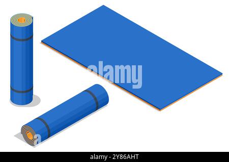 Isometric karimat, a lightweight, thin mat made of foam or rubber, designed for sports and yoga. It provides comfort and cushioning during exercises Stock Vector