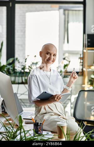 In a stylish workspace, a young bald woman smiles confidently while holding a tablet and pen. Stock Photo