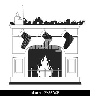 Christmas fireplace stockings hanging black and white 2D line object Stock Vector