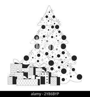 Sparkling Christmas tree with giftboxes stack black and white 2D line object Stock Vector