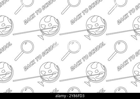 A fun back-to-school coloring page featuring a globe, magnifying glass, and text in an educational theme. Perfect for kids and students. Stock Vector