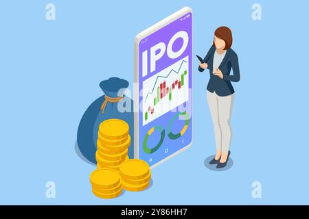 Purchasing new shares during an IPO, the investor explores the potential of passive income and ROI in financial markets. Isometric invests in new Stock Vector
