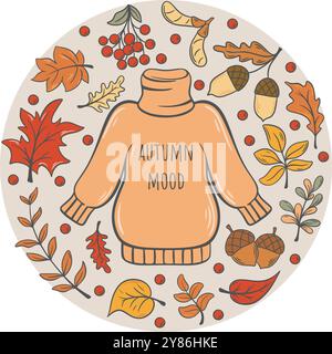 Cozy autumn card design with warm knitted sweater and falling leaves. Autumn mood template. Round background with colorful foliage, atmospheric authen Stock Vector