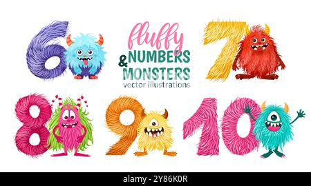 Set of 5 festive furry numbers with monsters. Stock Vector