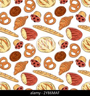 Seamless pattern of bakery food in flat style. Bread, pretzel, croissant, cinnamon bun and muffin. Perfect design for food packaging, textile Stock Vector