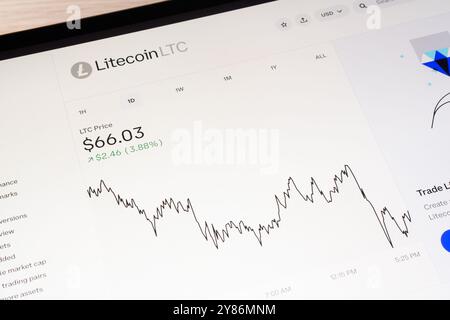 OSTRAVA, CZECHIA - SEPTEMBER 24, 2024: Electronic device screen with price chart of Litecoin (LTC) cryptocurrency Stock Photo