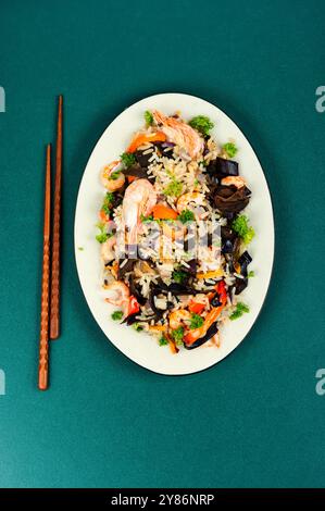 Shrimp fried rice serves on the dish. Thailand popular meal Stock Photo
