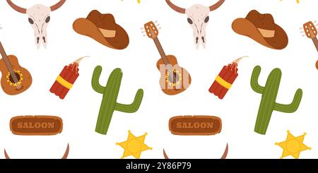 Seamless pattern western elements cowboy hats, cacti, guitars, bull skulls, dynamite sticks, and sheriff badges. Design is perfect for use in textiles, wallpapers, and other Wild West theme Stock Vector