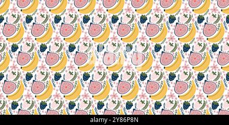 Whimsical seamless pattern featuring illustrations of bananas, figs, blackberries, white strawberries, pink flowers, and green leaves. Modern, organic vector style with flat colors and a playful, childlike feel Stock Vector