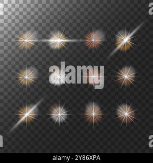 Bright, glowing light effects with transparent backgrounds, perfect for magical, fantasy, or celestial designs. Add sparkling starbursts, flares, and Stock Vector