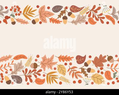 Autumn seamless border of falling leaves, acorns and berries. Horizontal template with copy space for brochure, advertisement, sale, flyer and other Stock Vector