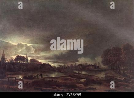 NEER, Aert van der (b. 1603/04, Amsterdam, d. 1677, Amsterdam)    Small Town at Dusk  -  Oil on wood, 37 x 53 cm  Museum of Fine Arts, Budapest    The artist is interested in the reflection of the light on the surface of water, like in his other works.              --- Keywords: --------------    Author: NEER, Aert van der  Title: Small Town at Dusk  Time-line: 1601-1650  School: Dutch  Form: painting  Type: landscape Stock Photo