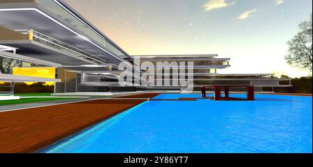 Inner courtyard of a luxury residential complex featuring a blue pool with a patio in the center at night. 3D rendering. Stock Photo