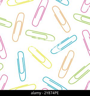 Seamless vector pattern with bright neon colored paper clips on white background, fabric, scrapbook. Vector illustration Stock Vector