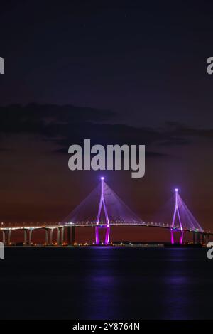 A nighttime view of a beautifully illuminated bridge, featuring blue and purple lights reflecting on the calm water, creating a serene atmosphere. Stock Photo