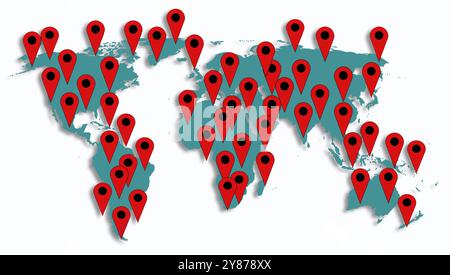 Digital map pins mark spots all over the world to mark travel history in an illustration about travel. Stock Photo