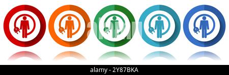 Android charging wire, humanoid robot vector icons, flat icon set for logo design, webdesign and mobile applications, colorful web button collection i Stock Vector