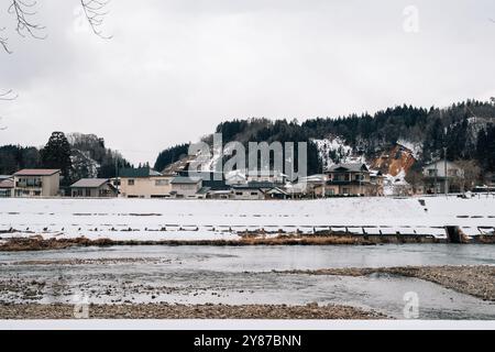 Kakunodate town and Hinokinai River at winter in Akita, Japan Stock Photo