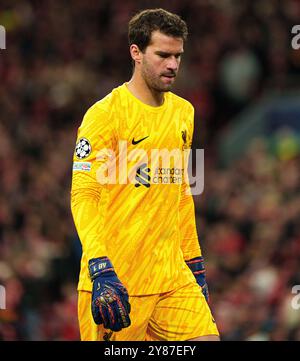 Liverpool's Alisson Becker during the UEFA Champions League match between Liverpool and Bologna FC 1909 at Anfield, Liverpool on Wednesday 2nd October 2024. (Photo: Steven Halliwell | MI News) Credit: MI News & Sport /Alamy Live News Stock Photo