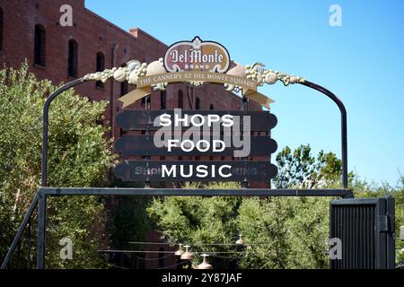 Sign over the entrance to Del Monte Square. Stock Photo