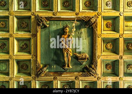 Coffered ceiling with the statue of St. John the Baptist and the Agnus Dei in the center. Città Sant'Angelo, Pescara province, Abruzzo, Italy, Europe Stock Photo