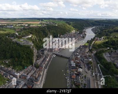 Dinant, Wallonia, Belgium, small city scape river Meuse, aerial drone view. Stock Photo