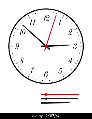 Elegant dial of a watch. Circular analog clock face with italic numbers for hours, division into minutes, hands for minutes, hours, seconds. Stock Photo