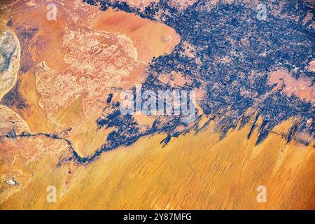 Land features in the area of Ruhubelent, Turkmenistan. Digital enhancement of an image by NASA Stock Photo