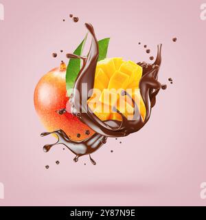 mango in chocolate splash on a pink background . Stock Photo