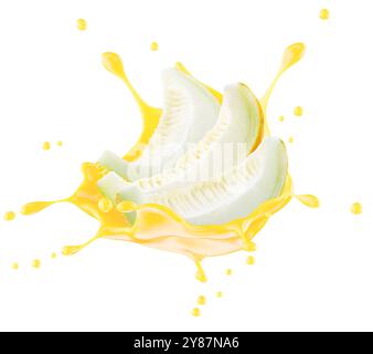 melon slices with juice splash isolated on a white background. Clipping path. Stock Photo