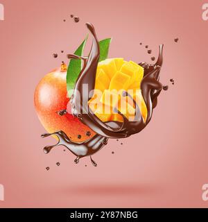 mango in chocolate splash on a pink background . Stock Photo