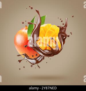mango in chocolate splash on a brown background . Stock Photo