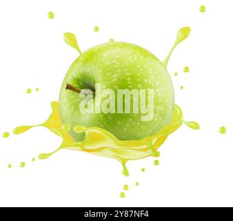 green apple with juice splash isolated on a white background. Clipping path. Stock Photo