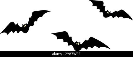 Three black bats with yellow eyes hover against a white background, their wings spread wide in flight. For Halloween decoration or themed design. Stock Vector