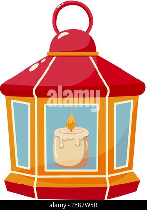 Cartoon hand lamp with candle isolated. A red portable lantern with a burning candle inside. Festive design is ideal for themes related to decoration, Stock Vector