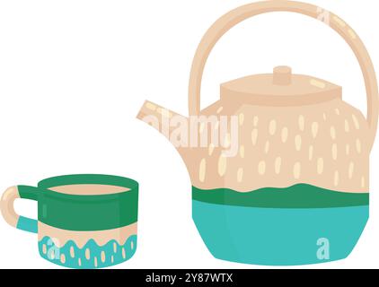 Cozy teapot and cup icon. Cute ceramic tea mug Stock Vector
