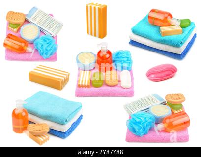 Bathroom set (towels, soap, shampoo) isolated on white background. Stock Photo