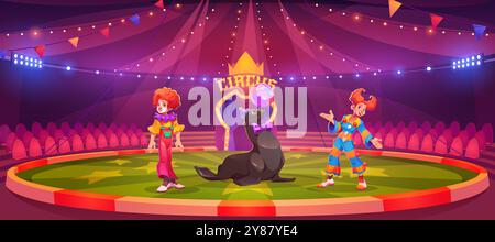 Circus arena with clowns and harbor seal with ball entertainment. Artist with trained animal on round scene with empty seats under classic cirque carnival red tent. Cartoon vector performance on stage Stock Vector