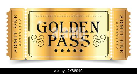 Golden pass template design isolated on white background. Festival, cinema, theater, concert, casino, circus, event. Vector illustration Stock Vector