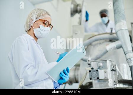 Side view of female technician in protective mask taking notes on notepad while inspecting manufacturing machine on shop floor of pharmaceutical factory, copy space Stock Photo