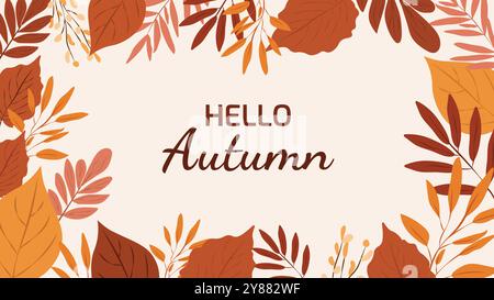 Hello Autumn. Autumn horizontal background with leaves of different shapes and copy space Stock Vector