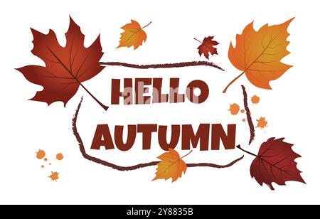 Hello Autumn. Autumn horizontal background with gradient leaves of different shapes. Autumn leaves and copy space Stock Vector