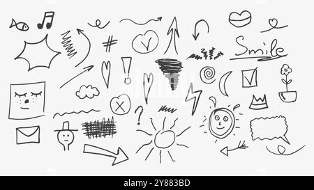 Doodle vector set with hand drawn hatching black elements. Hand drawn doodle set in outline style with arrows. Stock Vector