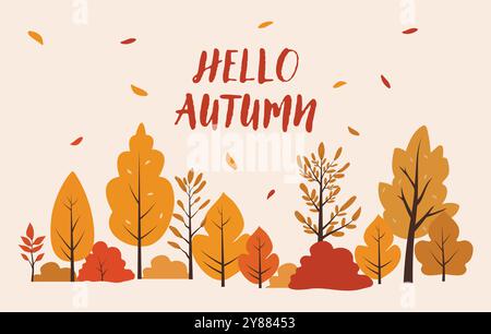 Hello Autumn. Autumn horizontal background with leaves and autumn trees of different shapes. Abstract trees and copy space Stock Vector