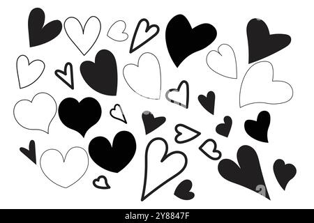 Hand drawn hearts. Stroke and silhouettes of hearts. Set of hearts of different shapes Stock Vector