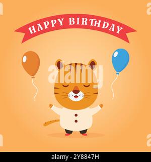 Happy Birthday vector for animation. Vector illustration of a cute tiger with balloons Stock Vector